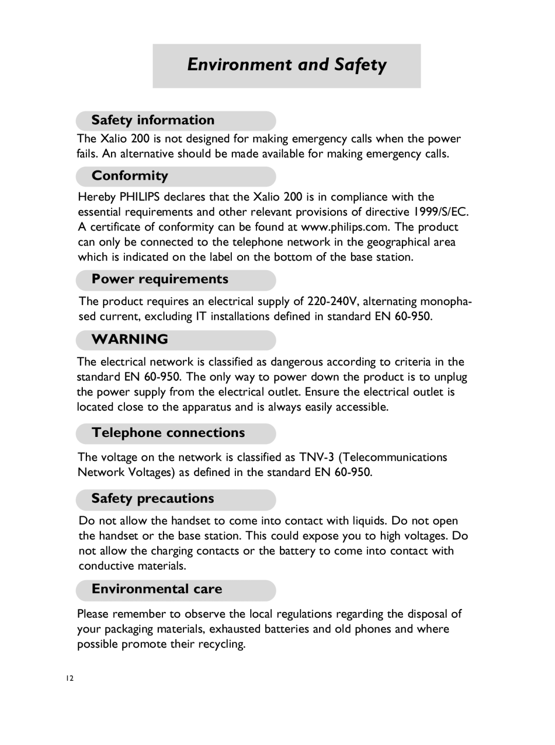 Philips Xalio 200 Duo manual Environment and Safety, Safety information 