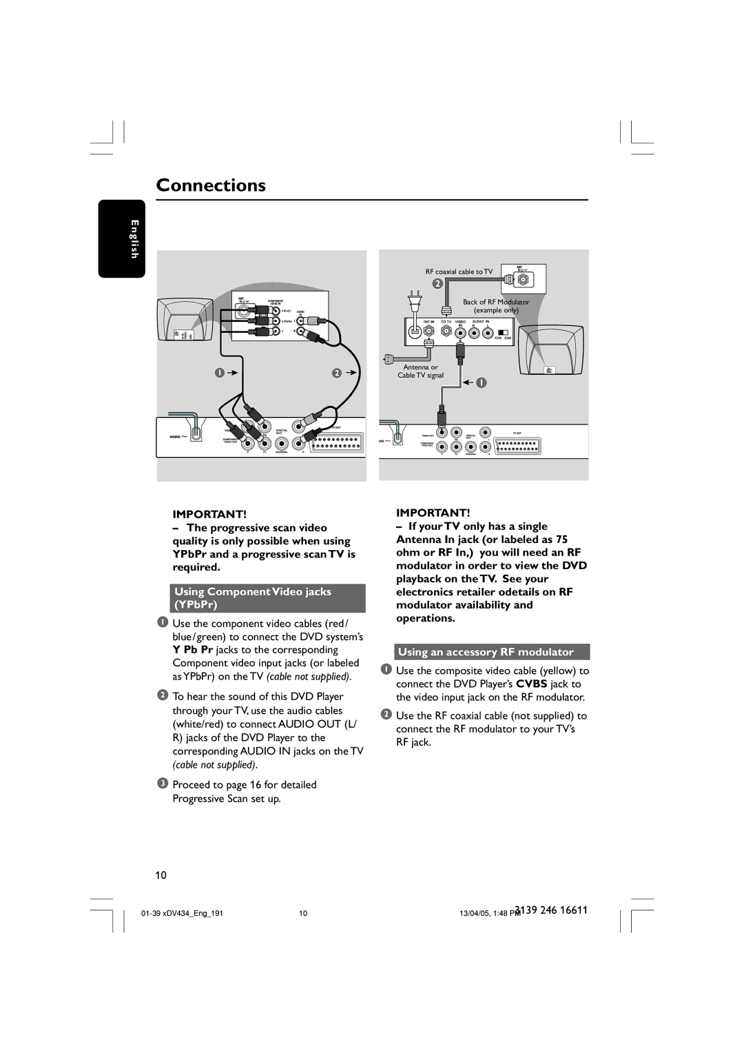 Philips xDV434/19, xDV434/01 user manual Using Component Video jacks YPbPr, Using an accessory RF modulator 