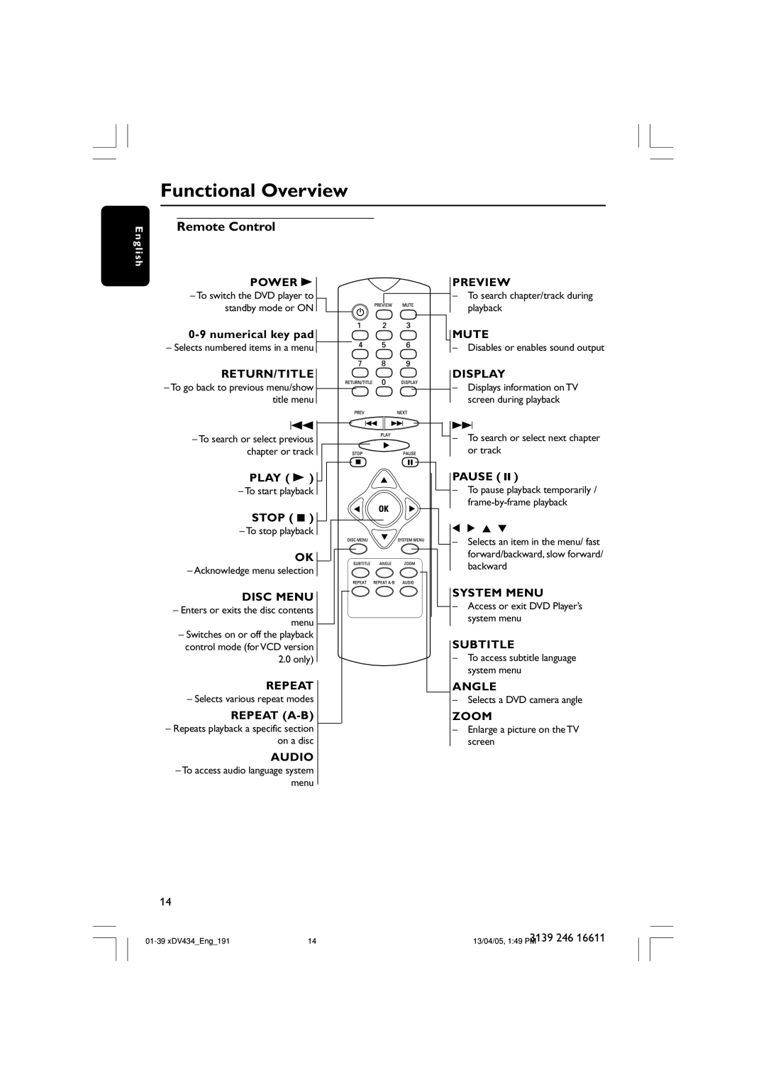 Philips xDV434/01, xDV434/19 user manual Remote Control 