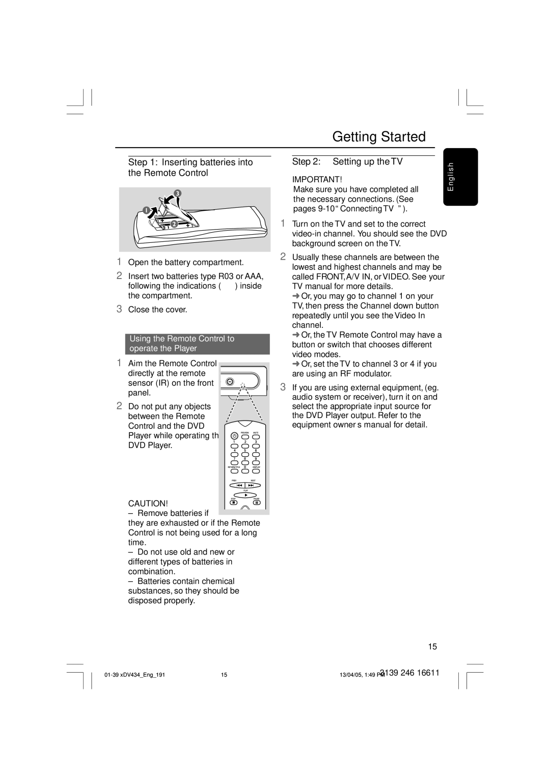 Philips xDV434/01, xDV434/19 user manual Getting Started, Inserting batteries into the Remote Control, Setting up the TV 