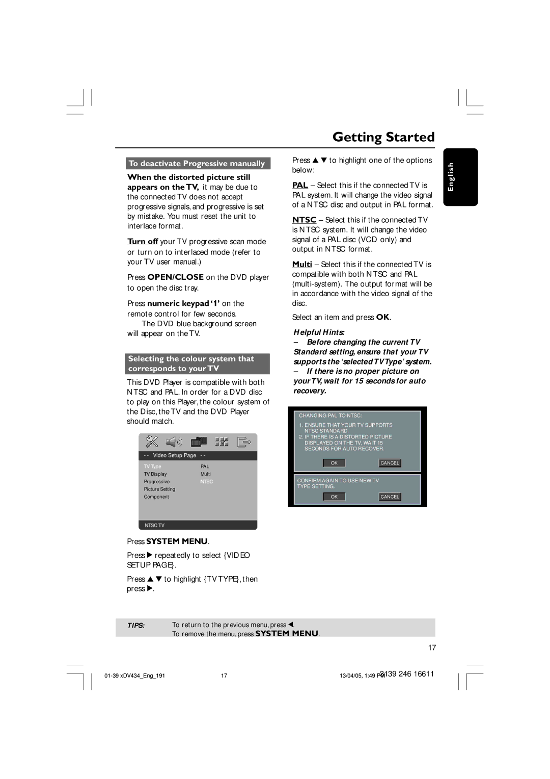 Philips xDV434/01, xDV434/19 user manual Press 3 4 to highlight one of the options below, Helpful Hints 