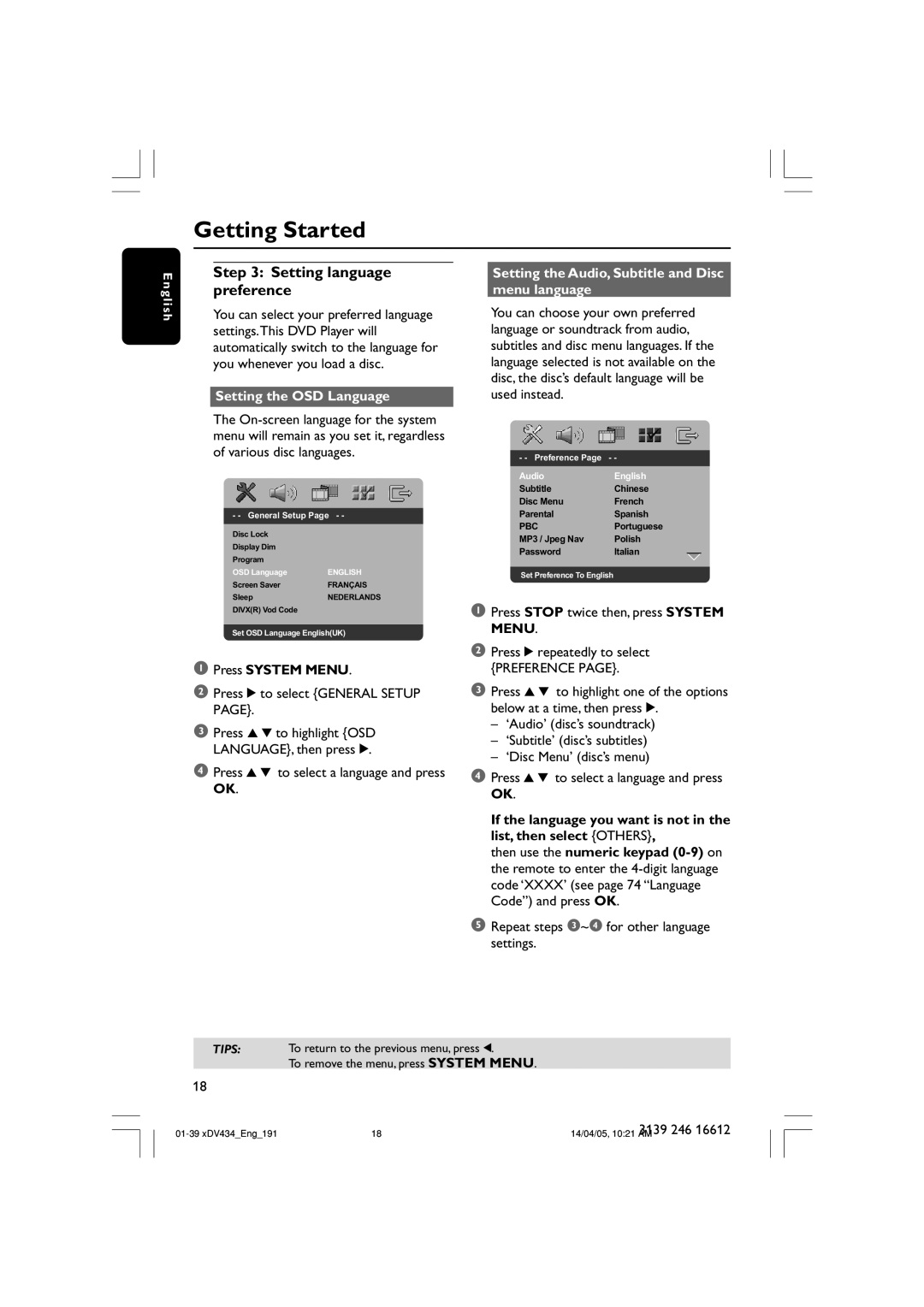 Philips xDV434/01, xDV434/19 user manual Setting language preference, Setting the OSD Language 