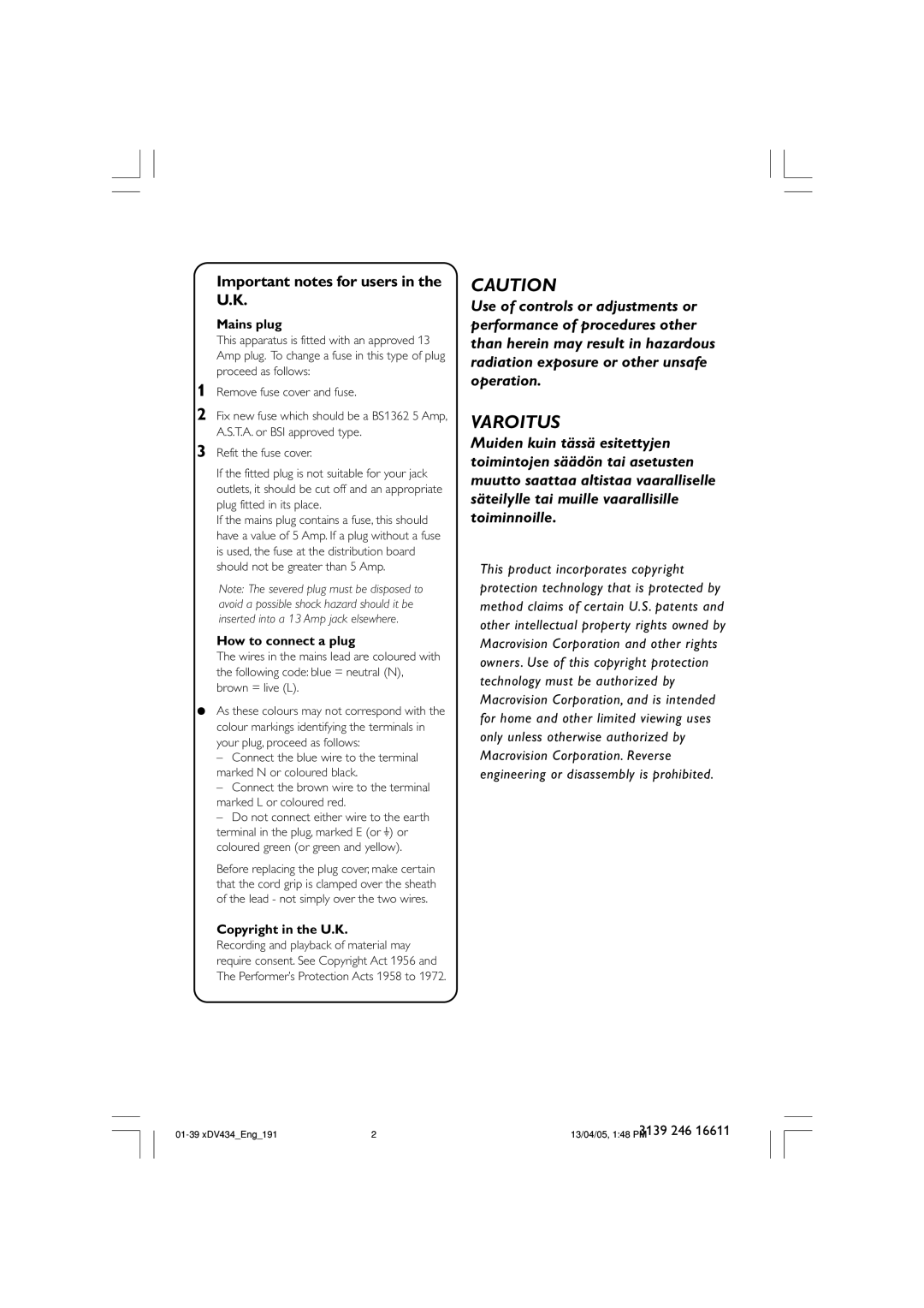 Philips xDV434/01, xDV434/19 user manual Important notes for users in the U.K, Mains plug 