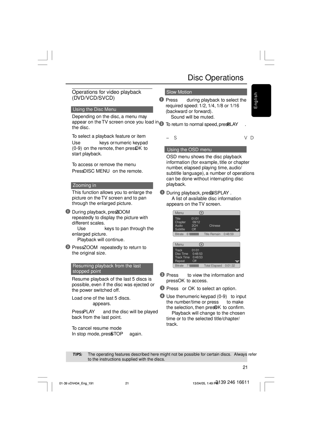 Philips xDV434/01, xDV434/19 user manual Operations for video playback DVD/VCD/SVCD 