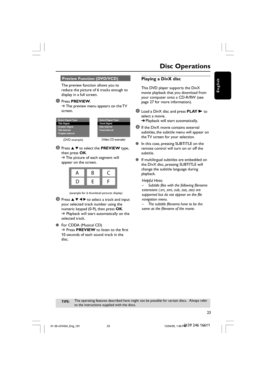 Philips xDV434/01, xDV434/19 Playing a DivX disc, Preview Function DVD/VCD, If the DivX movie contains external 