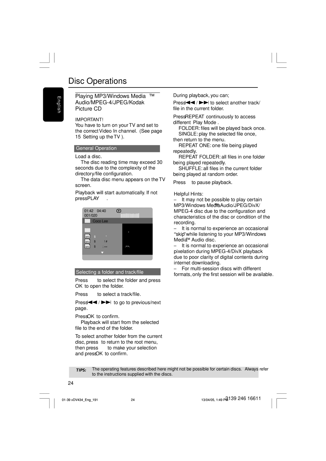 Philips xDV434/01, xDV434/19 user manual General Operation, Load a disc, Selecting a folder and track/file 