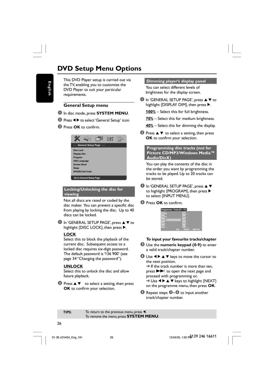 Philips xDV434/01, xDV434/19 user manual DVD Setup Menu Options, General Setup menu, Lock, Unlock 