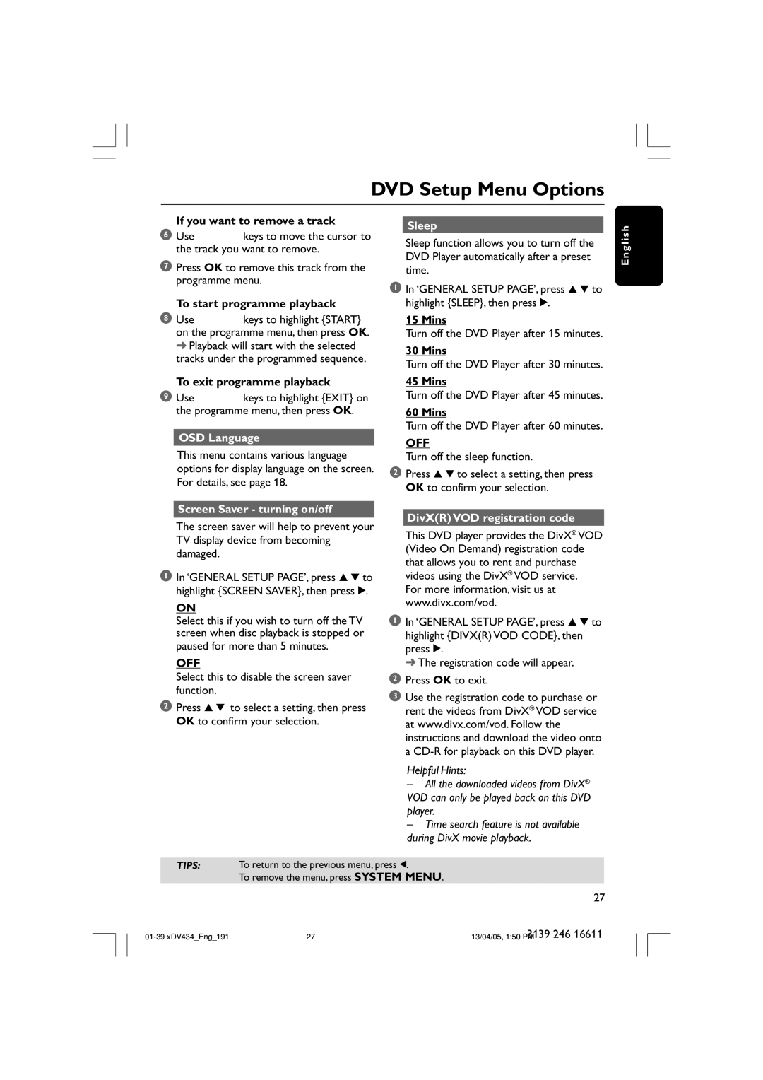 Philips xDV434/01, xDV434/19 user manual Sleep, Mins, Off, DivXR VOD registration code 