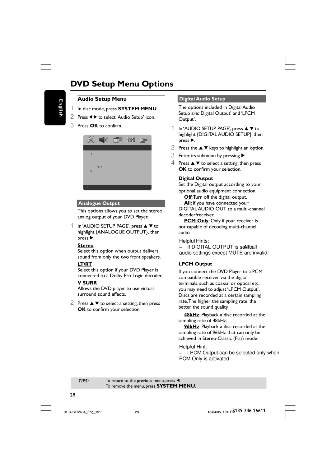 Philips xDV434/19, xDV434/01 user manual Audio Setup Menu, Digital Audio Setup, Digital Output, Lpcm Output 