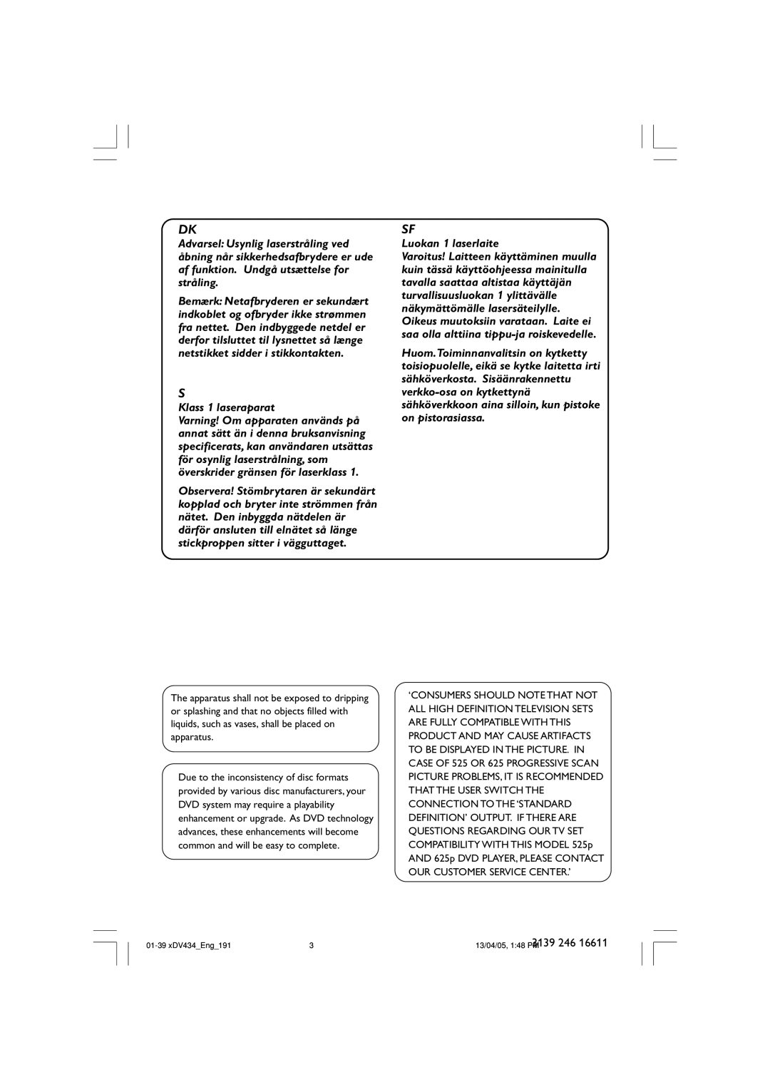 Philips xDV434/01, xDV434/19 user manual Klass 1 laseraparat 