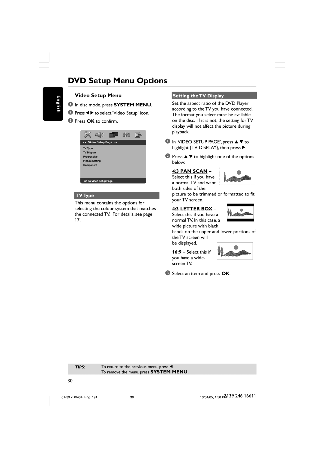 Philips xDV434/01, xDV434/19 user manual Video Setup Menu, TV Type, Setting the TV Display 