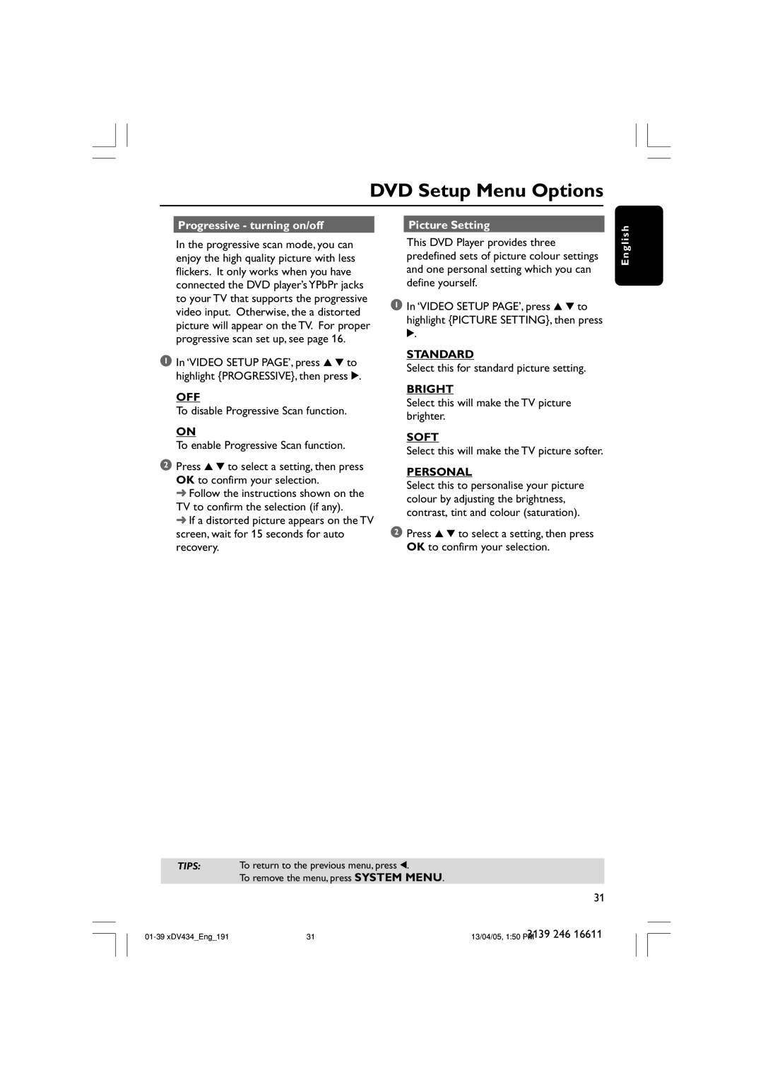 Philips xDV434/19, xDV434/01 user manual Progressive turning on/off Picture Setting, Standard, Bright, Soft, Personal 