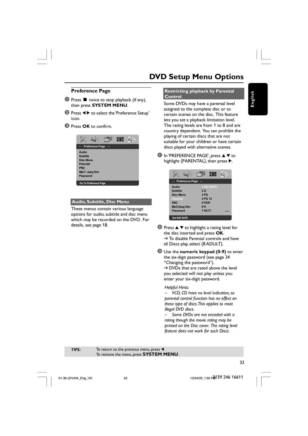 Philips xDV434/01, xDV434/19 user manual Preference, Audio, Subtitle, Disc Menu, Restricting playback by Parental Control 