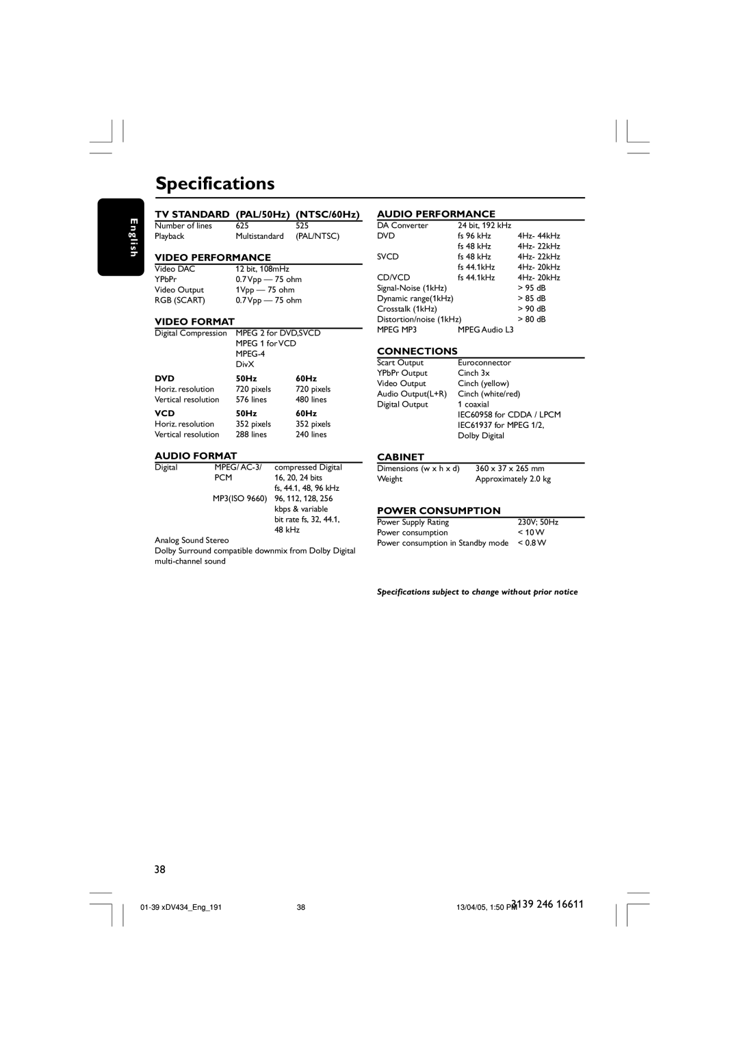 Philips xDV434/01, xDV434/19 user manual Specifications, Video Format 