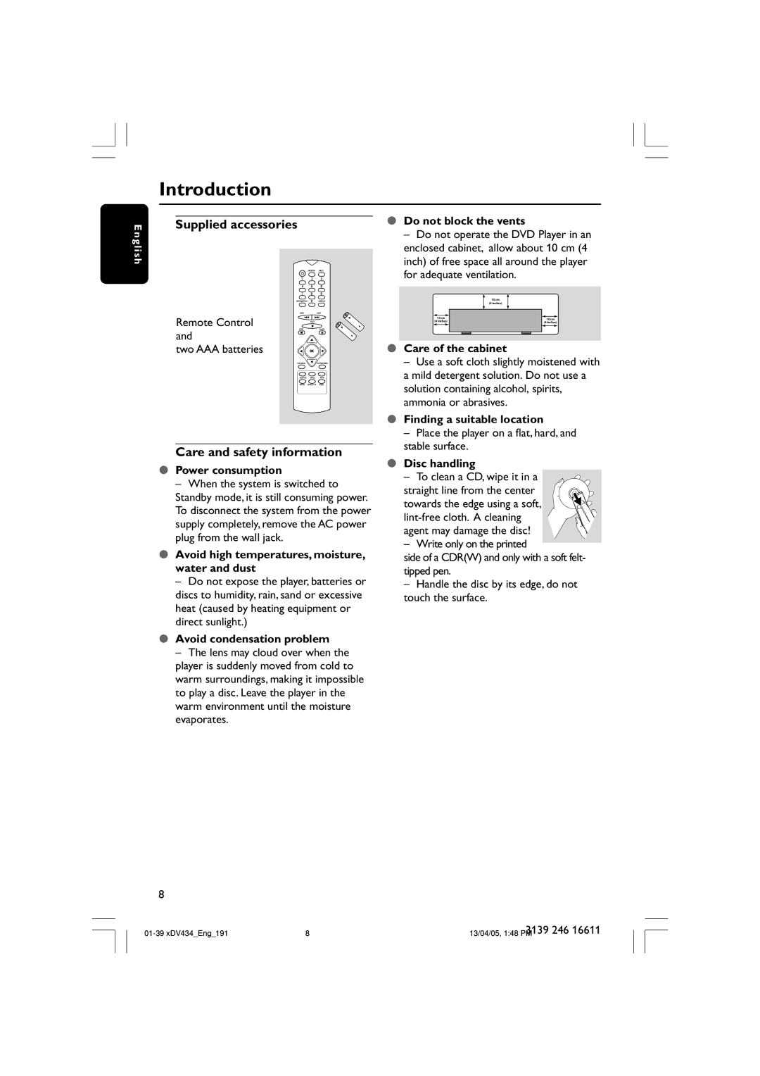 Philips xDV434/01, xDV434/19 user manual Introduction, Supplied accessories, Care and safety information 