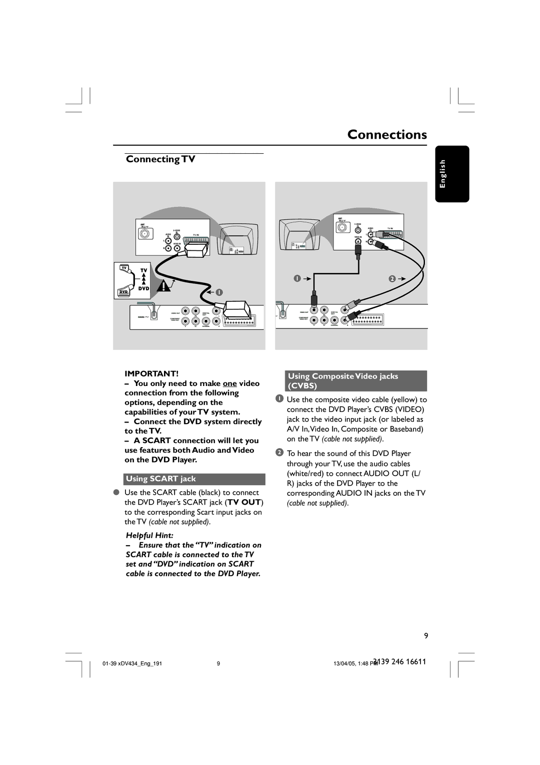 Philips xDV434/01, xDV434/19 user manual Connections, Using Scart jack, Using Composite Video jacks Cvbs 