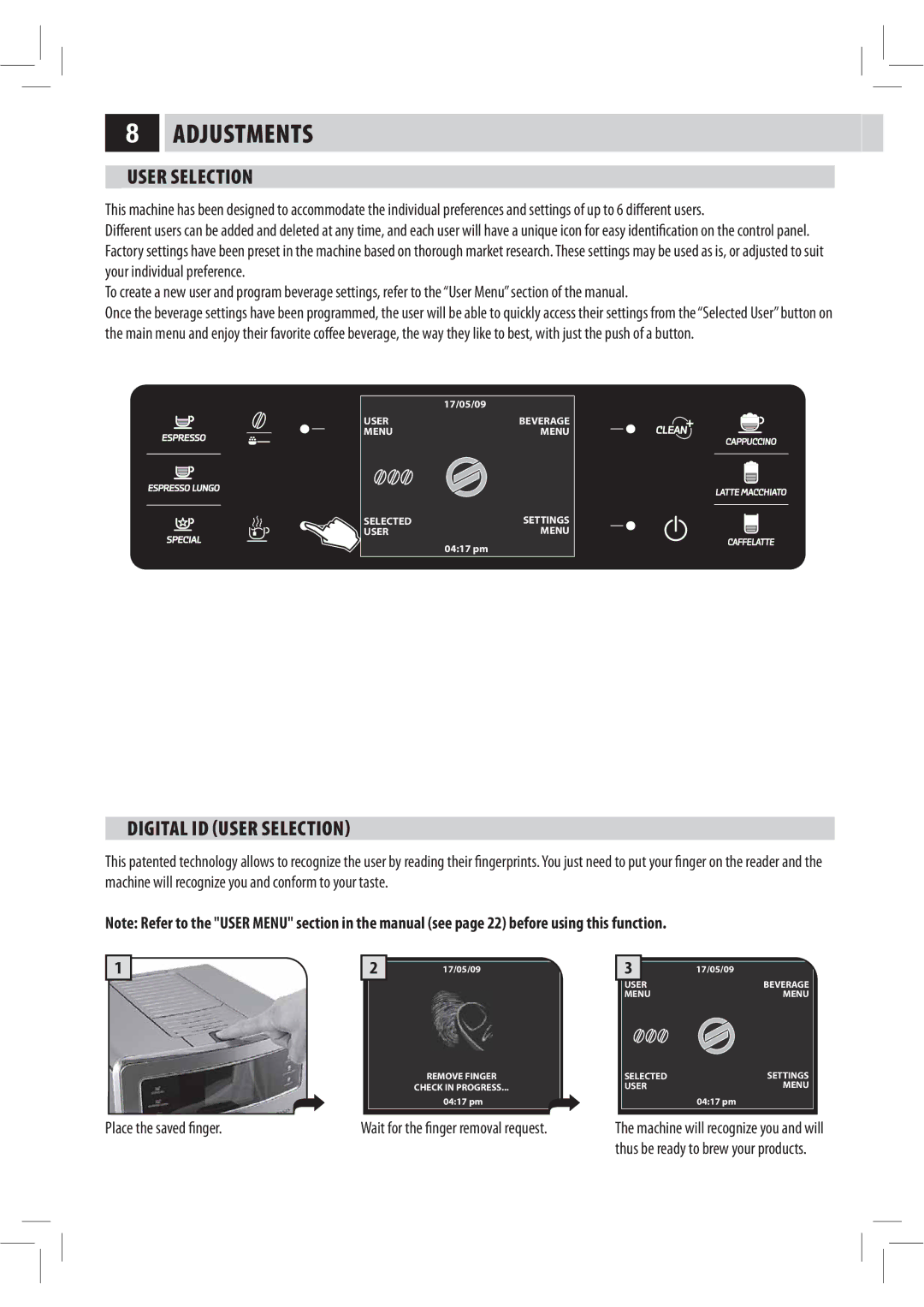 Philips XELSIS, HD8946 manual Adjustments, User Selection, Digital ID USER SELECTION, ZpvsJoejwjevbmQsfgfsfodf 