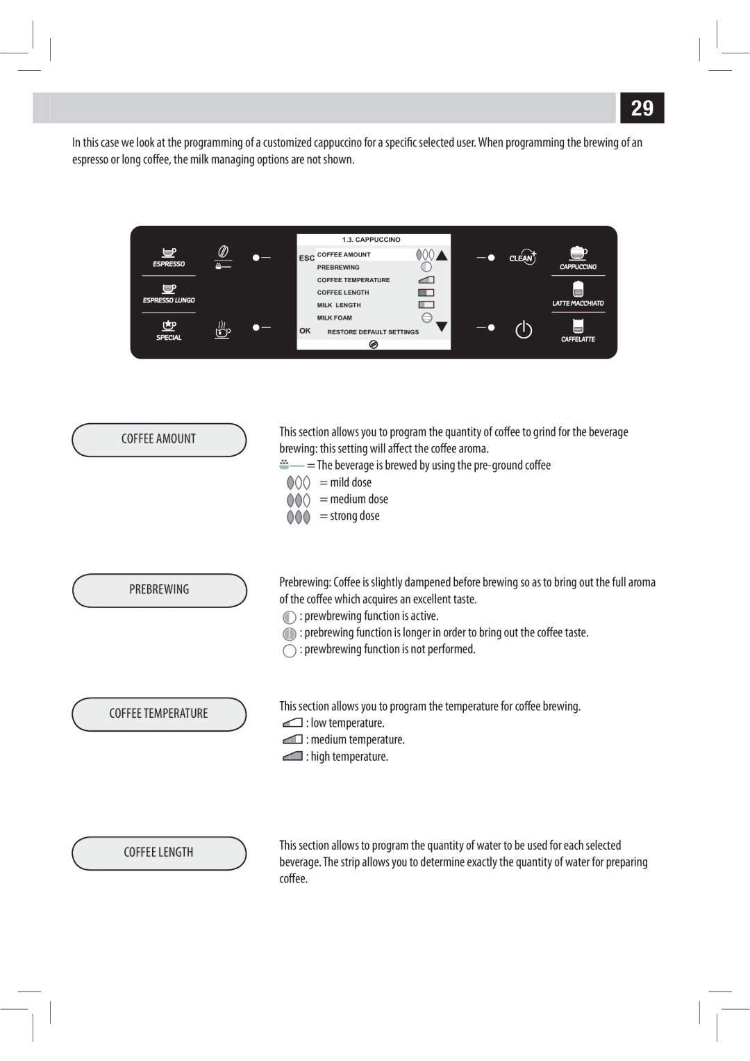 Philips HD8946, XELSIS manual Coffee Amount Prebrewing Coffee Temperature Coffee Length, QsfxcsfxjohGvodujpoJtBdujwf 