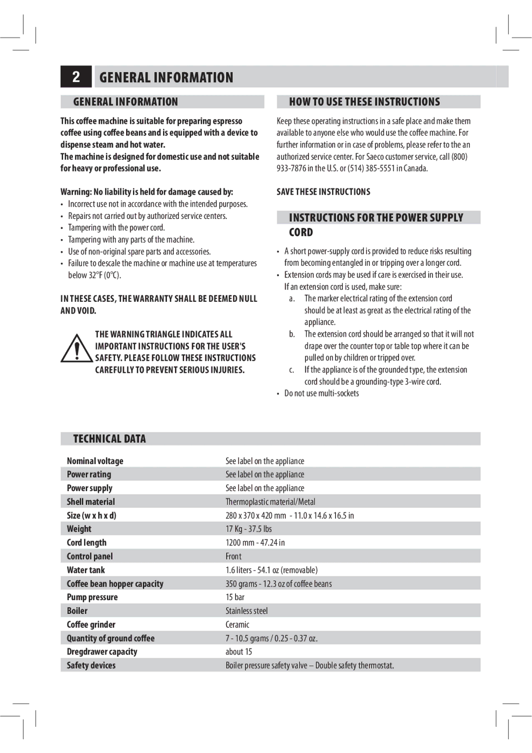 Philips XELSIS, HD8946 manual General Information, Instructions for the Power Supply Cord, Technical Data 