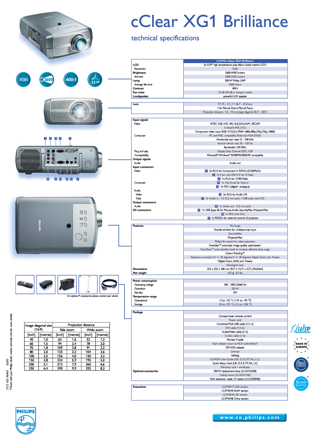 Philips cClear XG1 Brilliance, technical specifications, w w w . c e . p h i l i p s . c o m, Tele zoom, Wide zoom 