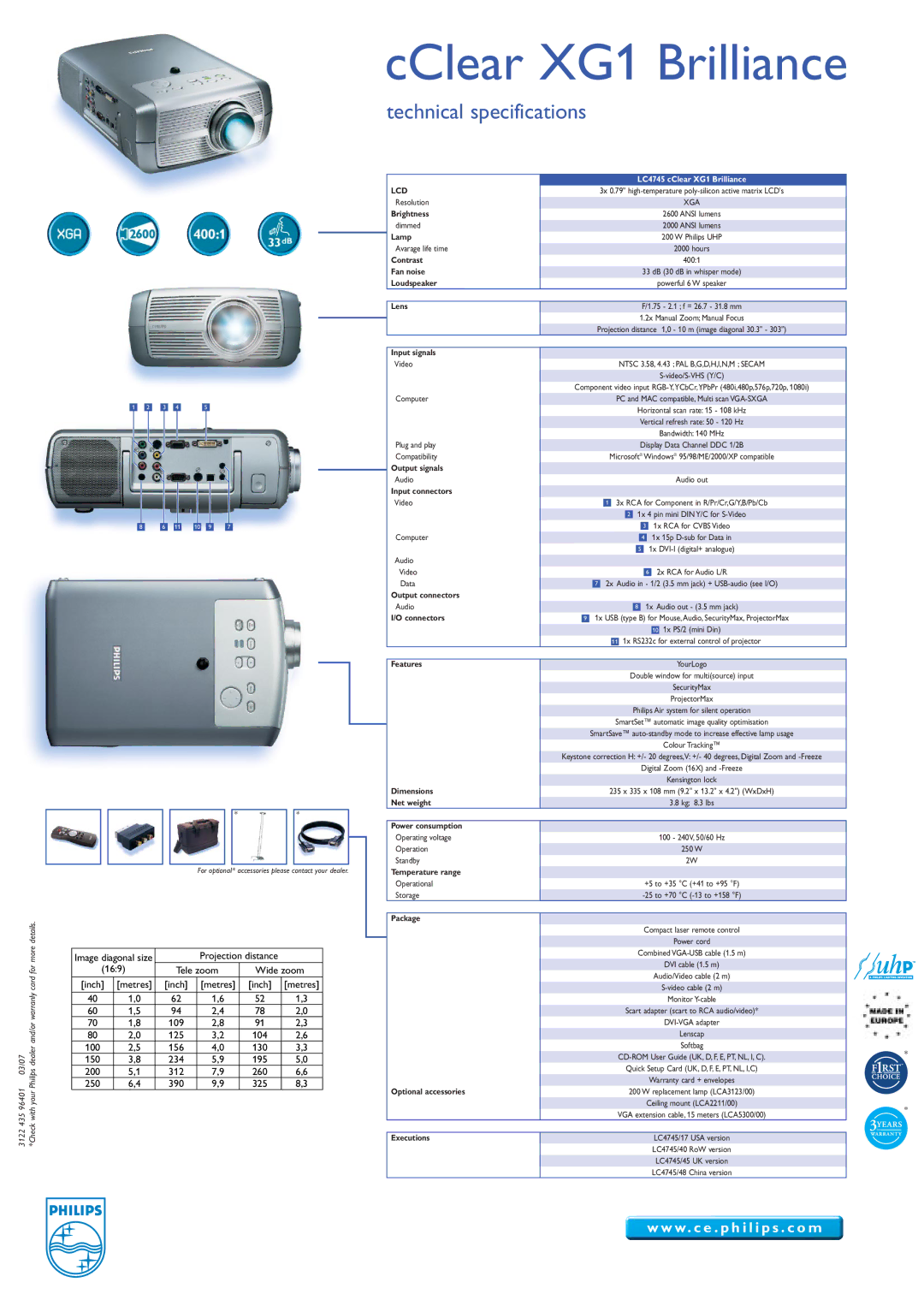 Philips XG1 Brilliance Brightness, Lamp, Contrast, Fan noise, Loudspeaker, Lens, Input signals, Output signals, Connectors 