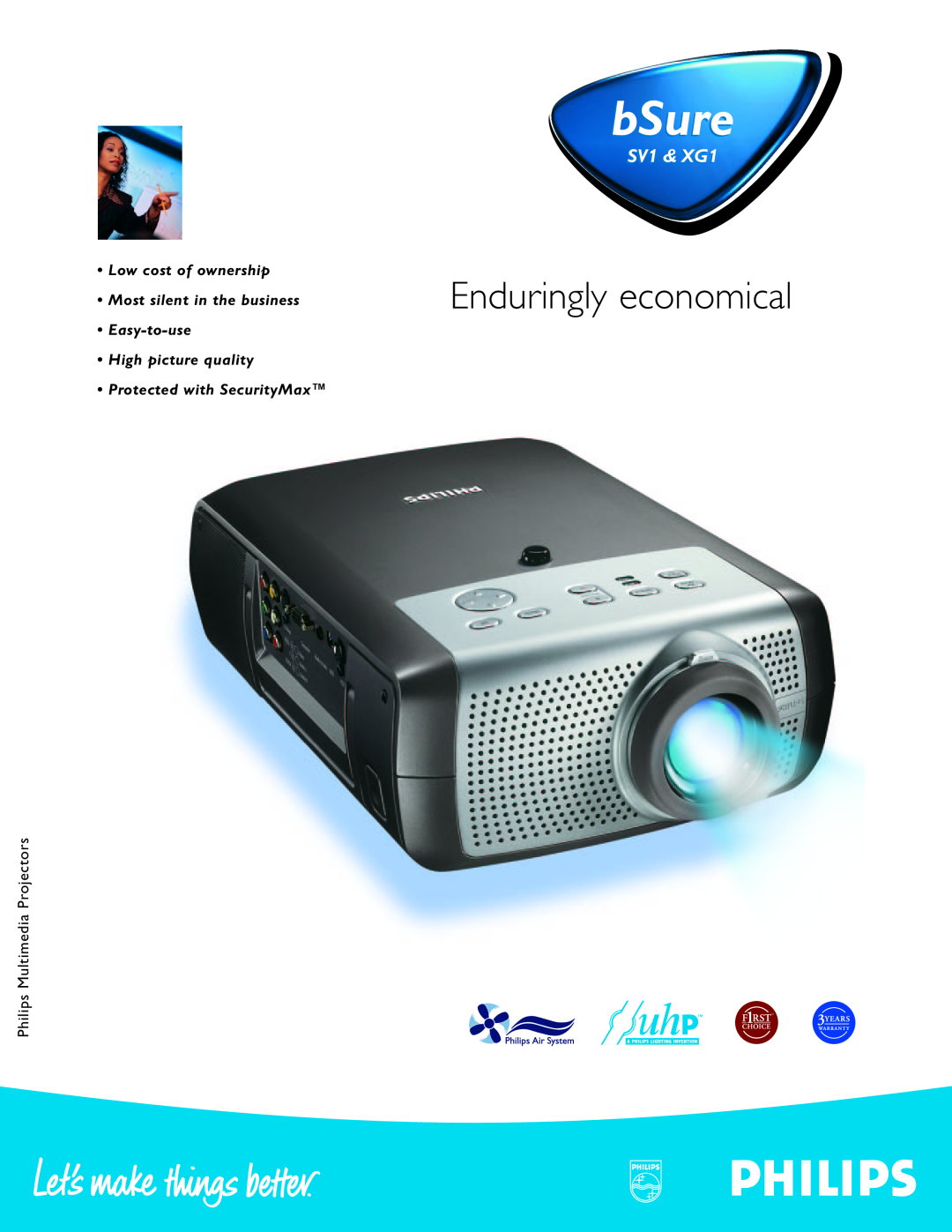 Philips XG1SV1 manual bSure, Enduringly economical, SV1 & XG1, Low cost of ownership, Philips Multimedia Projectors 