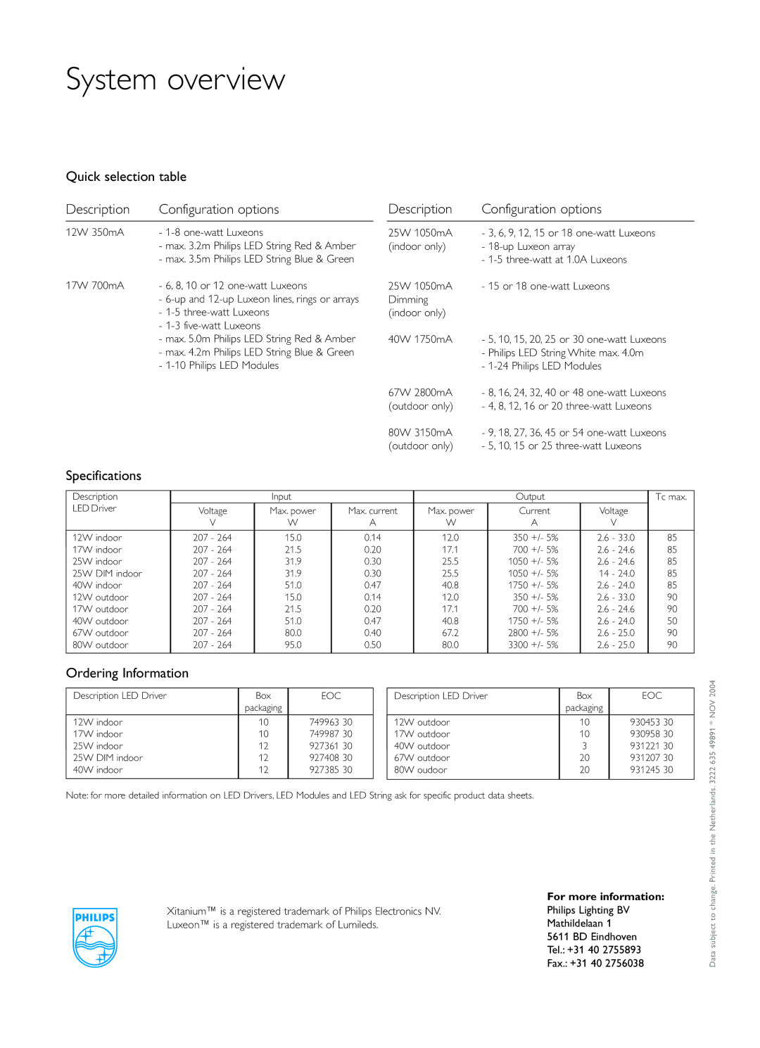 Philips Xitanium manual Quick selection table Description Configuration options, Specifications, Ordering Information 