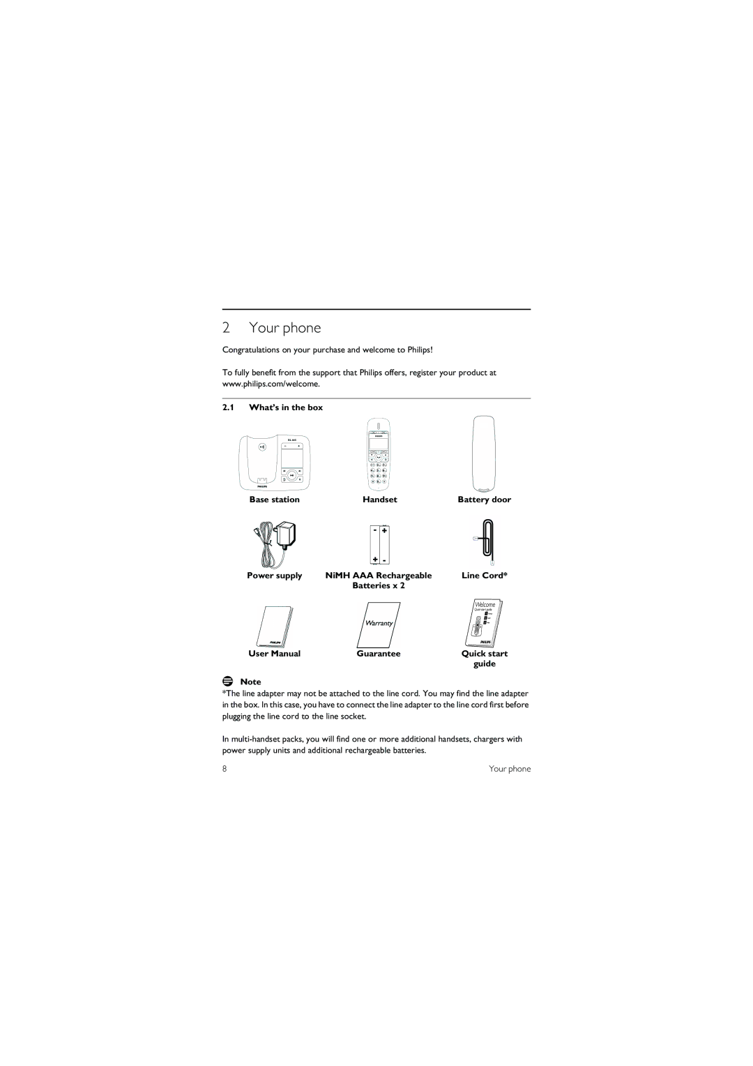 Philips XL 665 Your phone, Congratulations on your purchase and welcome to Philips, What’s in the box Base station Handset 