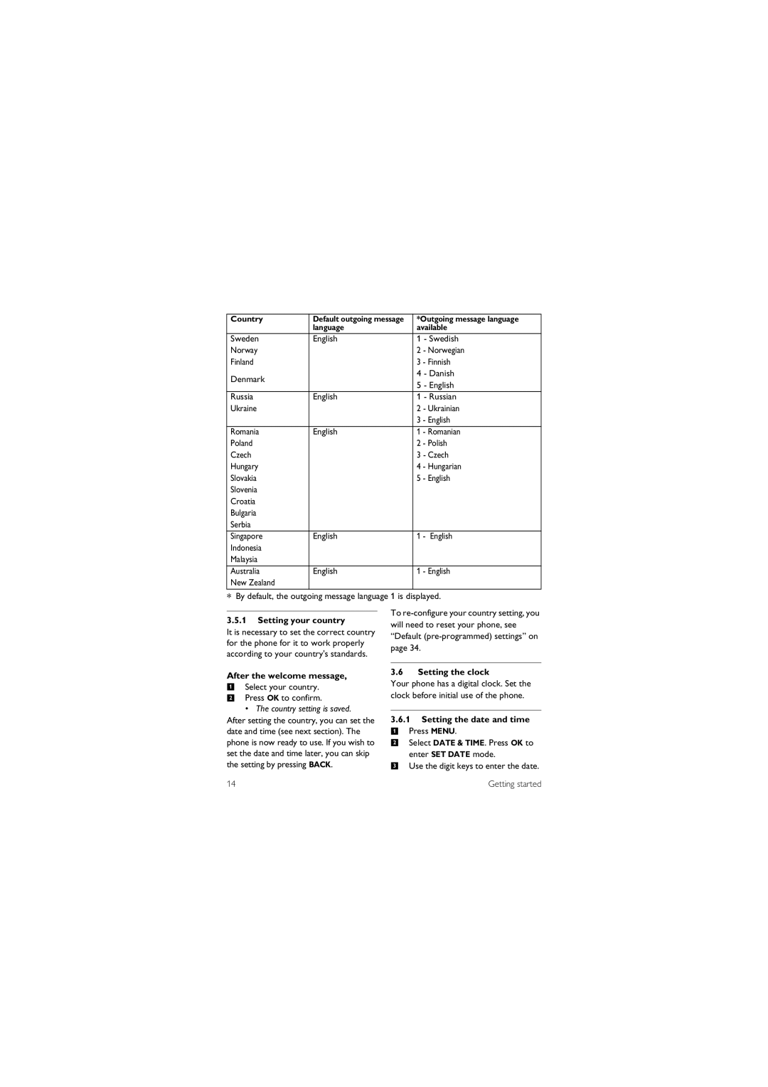 Philips XL 665 manual Setting your country, After the welcome message, Country setting is saved, Setting the clock 