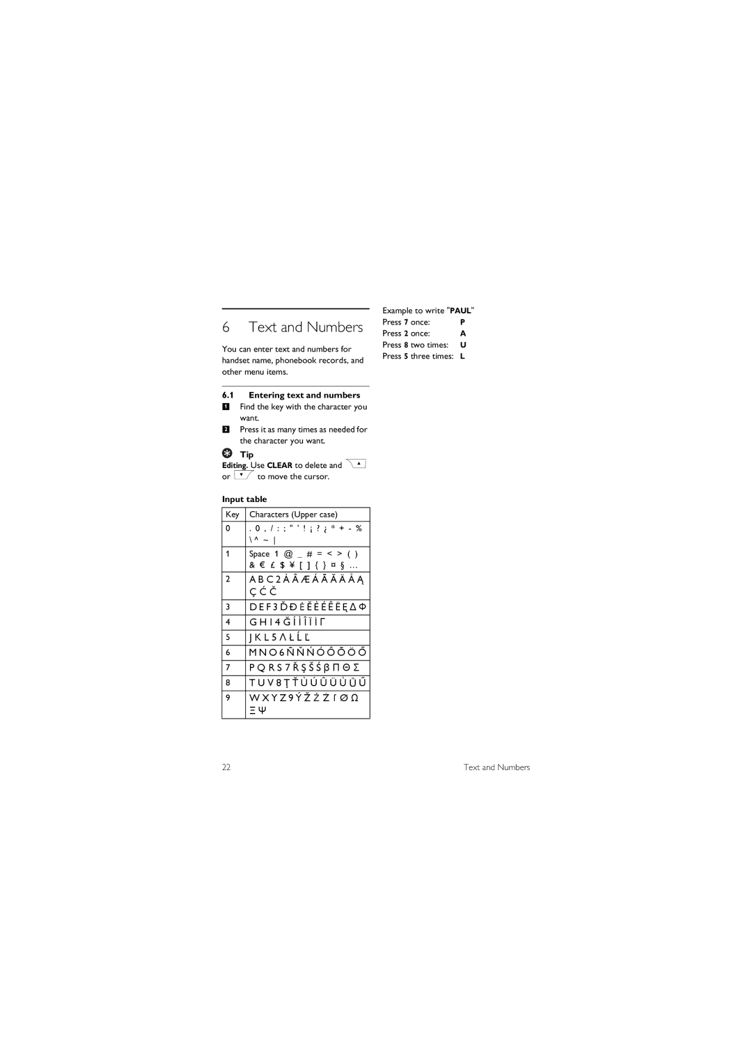 Philips XL 665 manual Text and Numbers, Entering text and numbers, Input table 