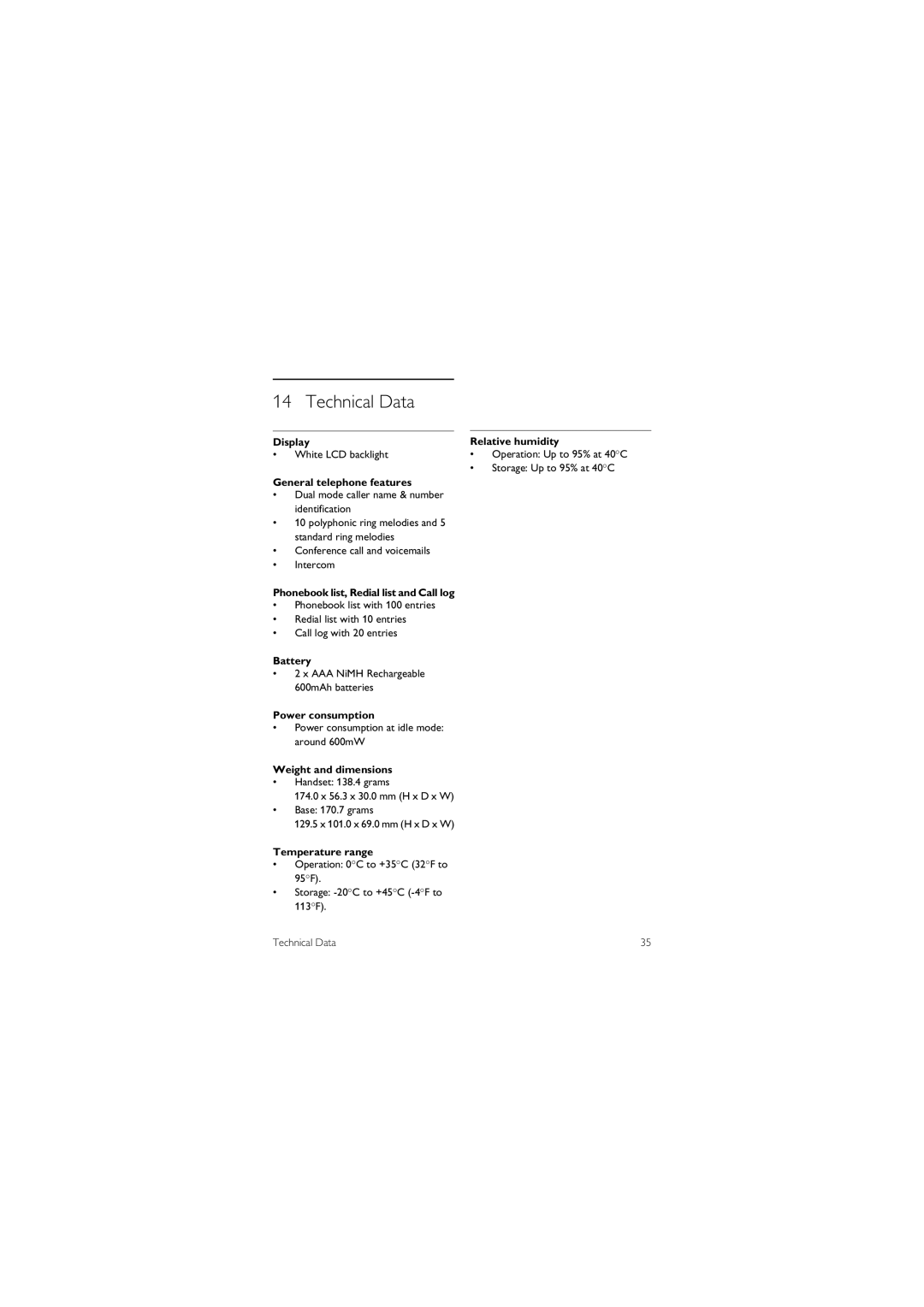 Philips XL 665 manual Technical Data 