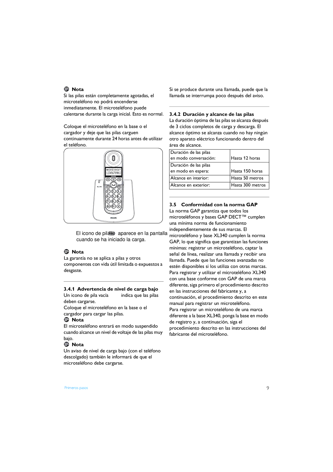 Philips XL340 manual Advertencia de nivel de carga bajo, Duración y alcance de las pilas 