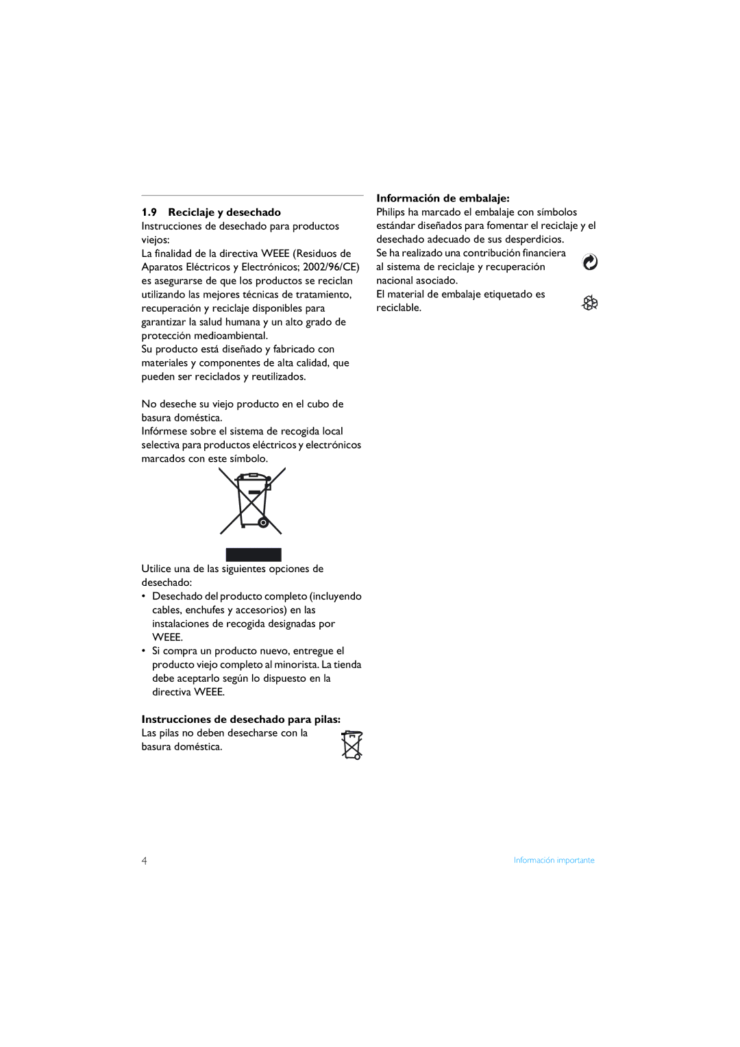 Philips XL340 manual Instrucciones de desechado para pilas, Información de embalaje 