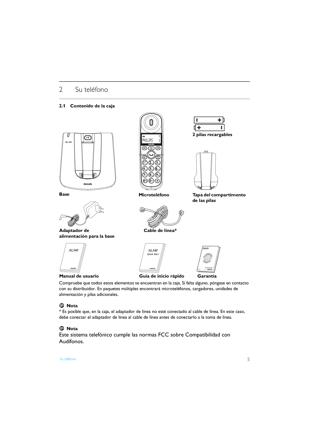 Philips XL340 manual Su teléfono, Contenido de la caja Pilas recargables Base Microteléfono, De las pilas 