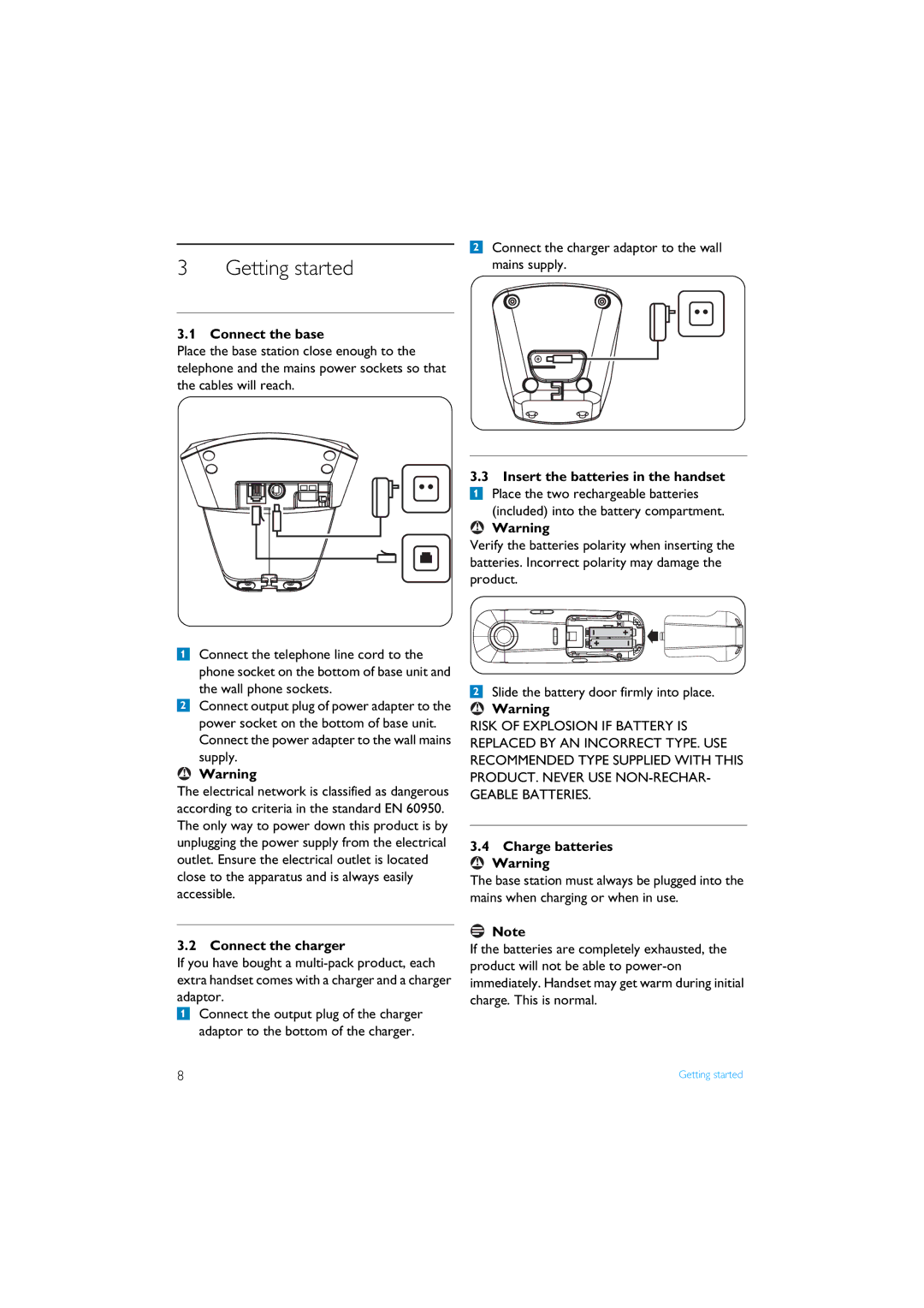 Philips XL340 manual Getting started, Connect the base, Connect the charger, Charge batteries ! Warning 