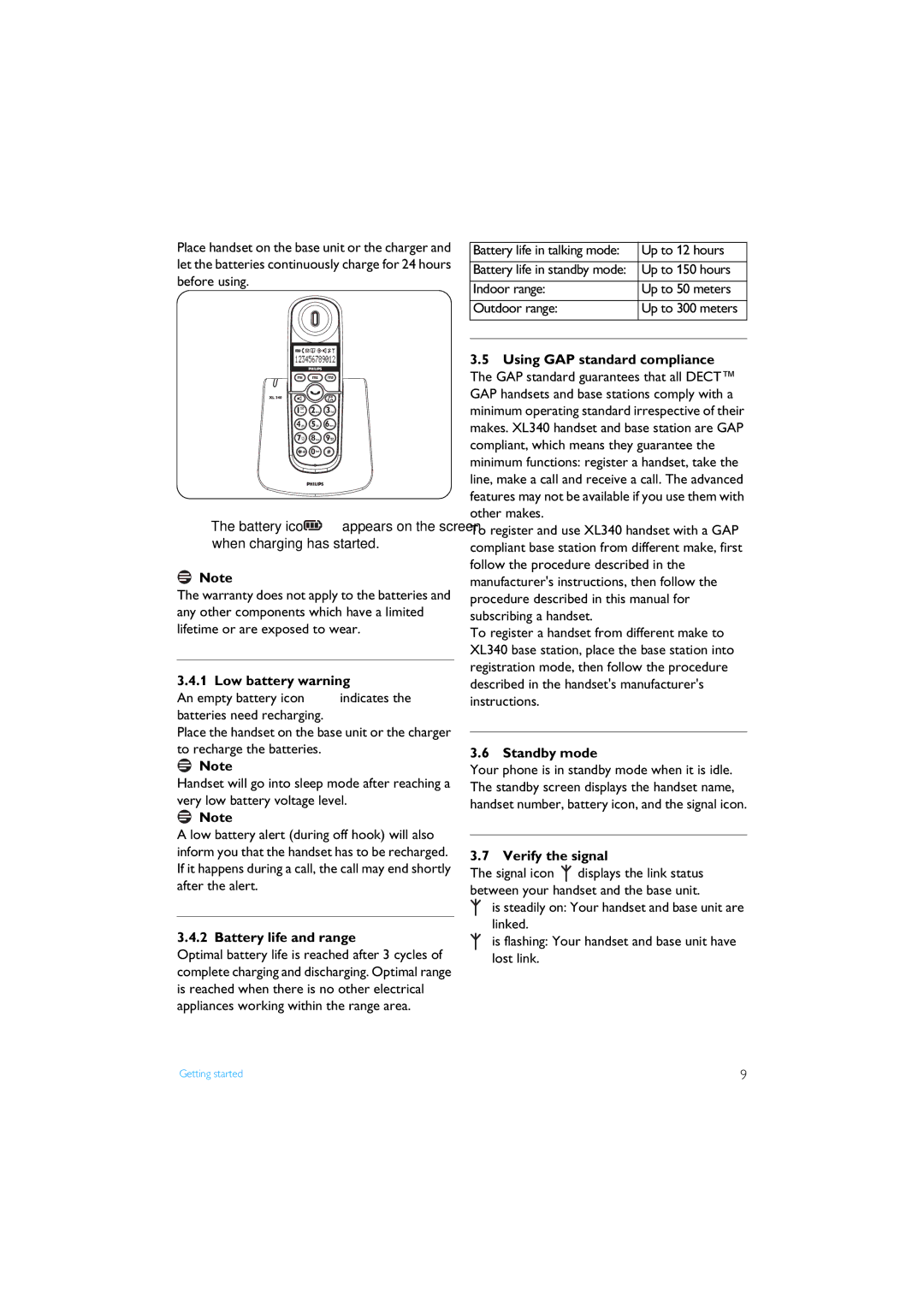 Philips XL340 manual Low battery warning, Battery life and range, Standby mode, Verify the signal 