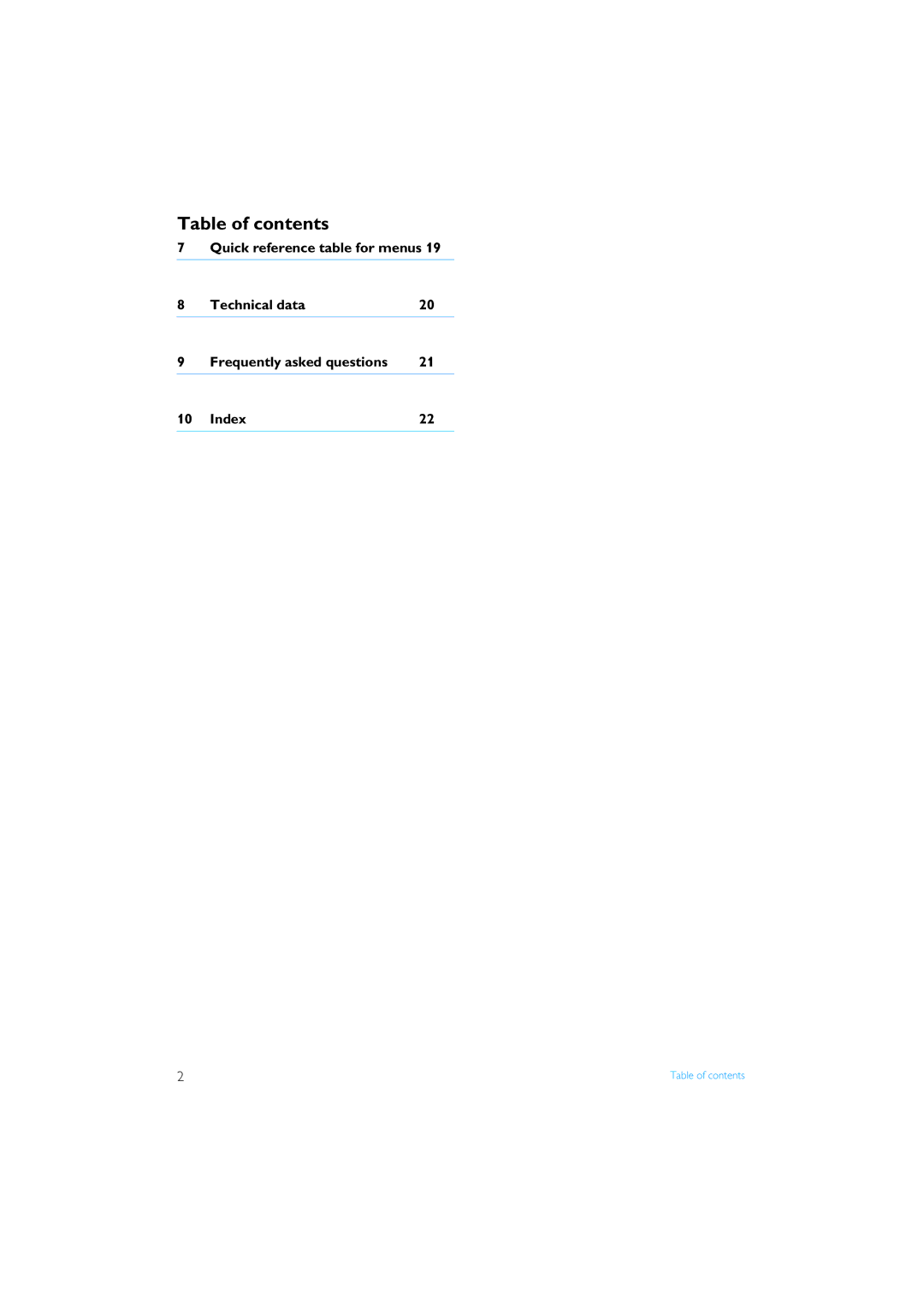 Philips XL340 manual Quick reference table for menus, Technical data Frequently asked questions Index 