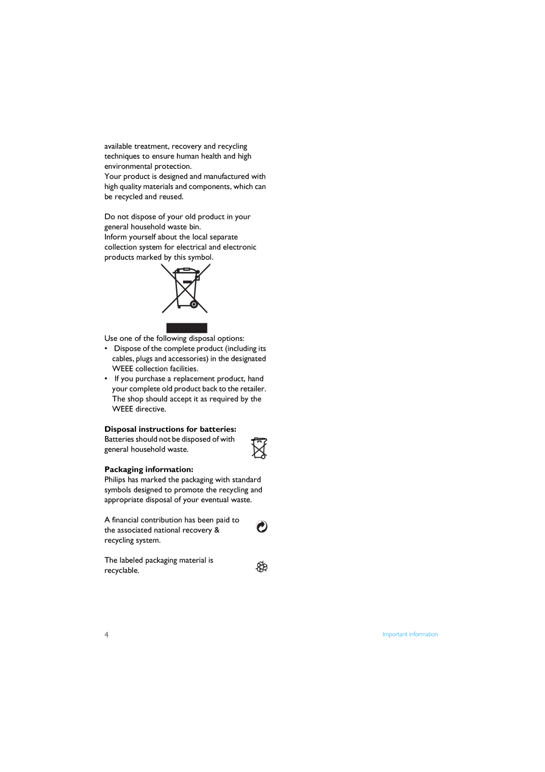 Philips XL340 manual Disposal instructions for batteries, Packaging information 