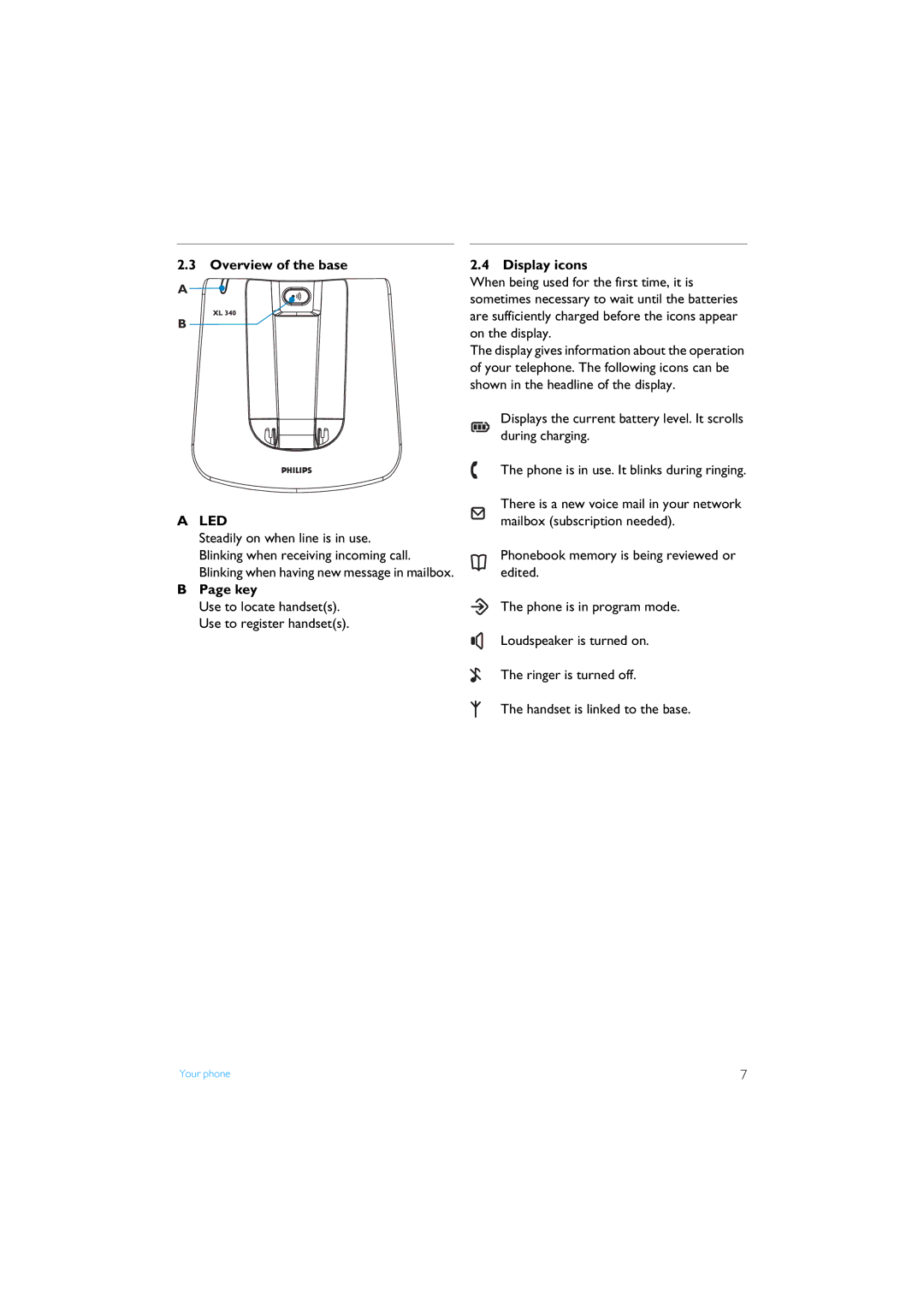 Philips XL340 manual Overview of the base, Key, Display icons 