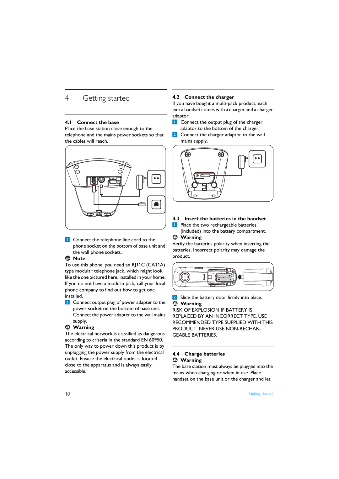 Philips XL3402 manual Getting started, Connect the base, Connect the charger, Charge batteries ! Warning 