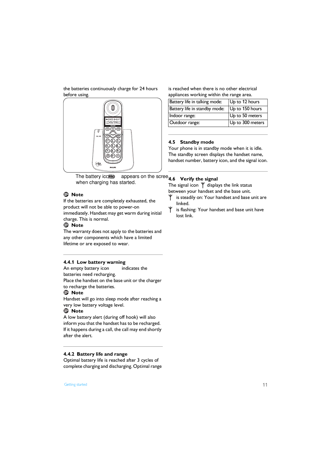 Philips XL3402 manual Standby mode, Verify the signal, Low battery warning, Battery life and range 