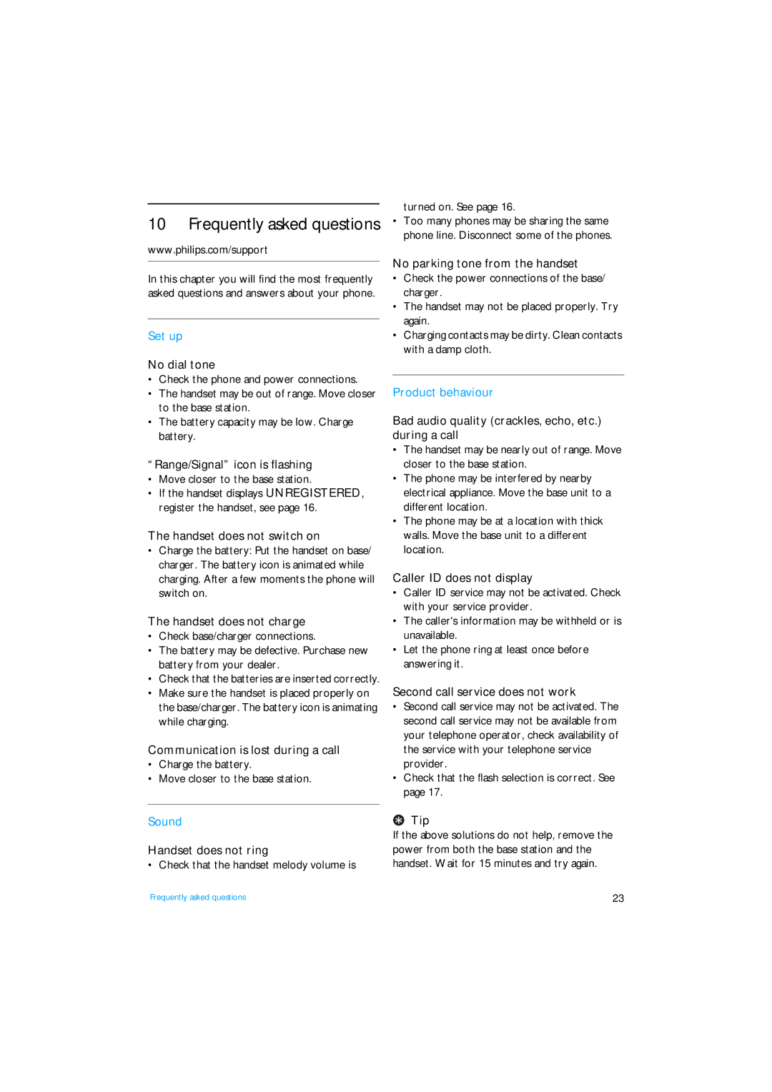 Philips XL3402 manual No dial tone, Range/Signal icon is flashing, Handset does not switch on, Handset does not charge, Tip 