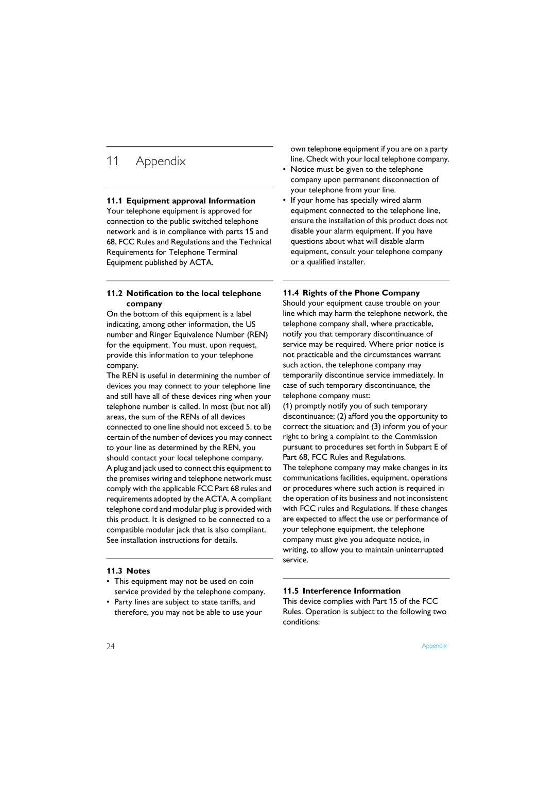 Philips XL3402 manual Appendix, Notification to the local telephone Company, Rights of the Phone Company 