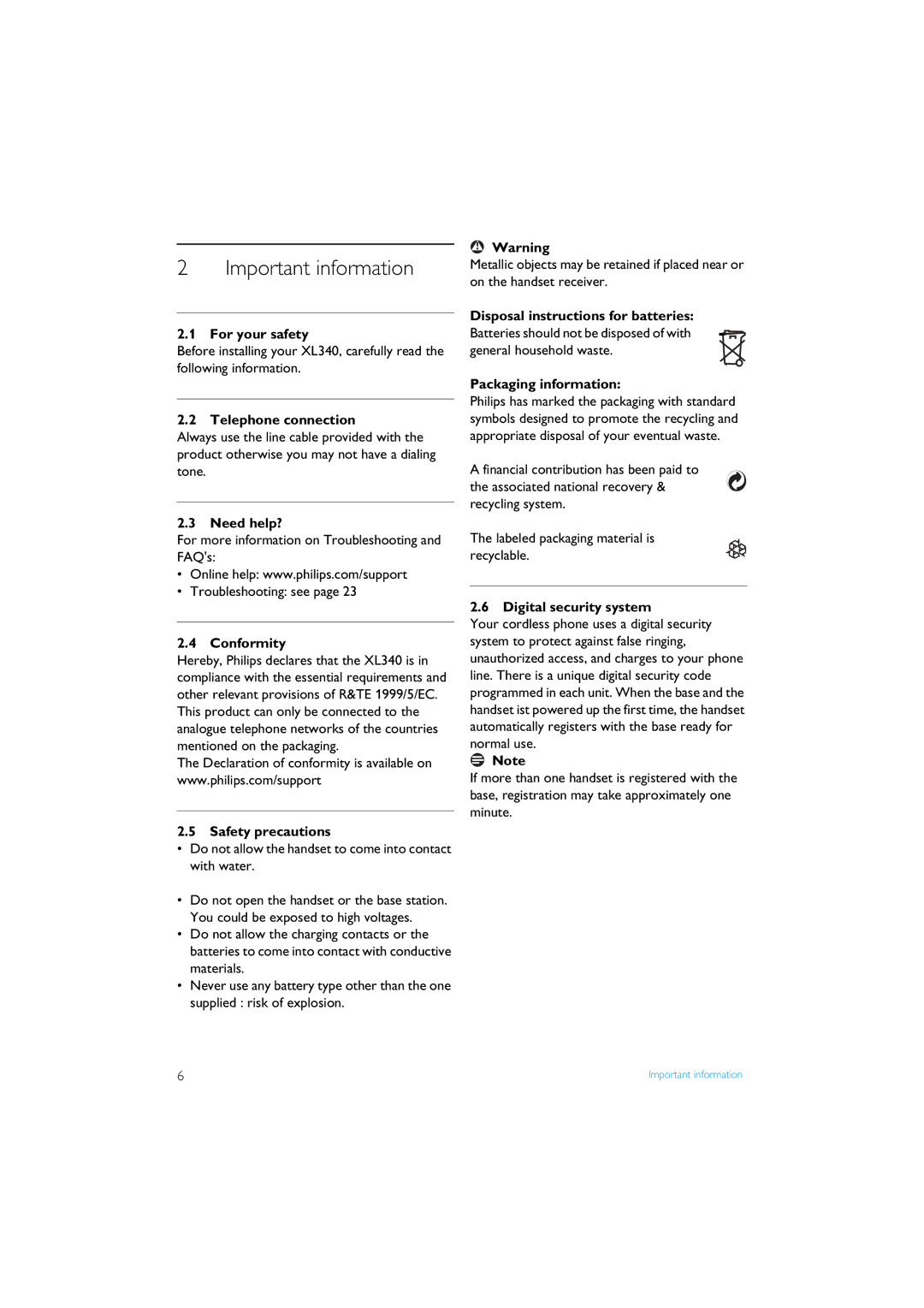 Philips XL3402 manual Important information 