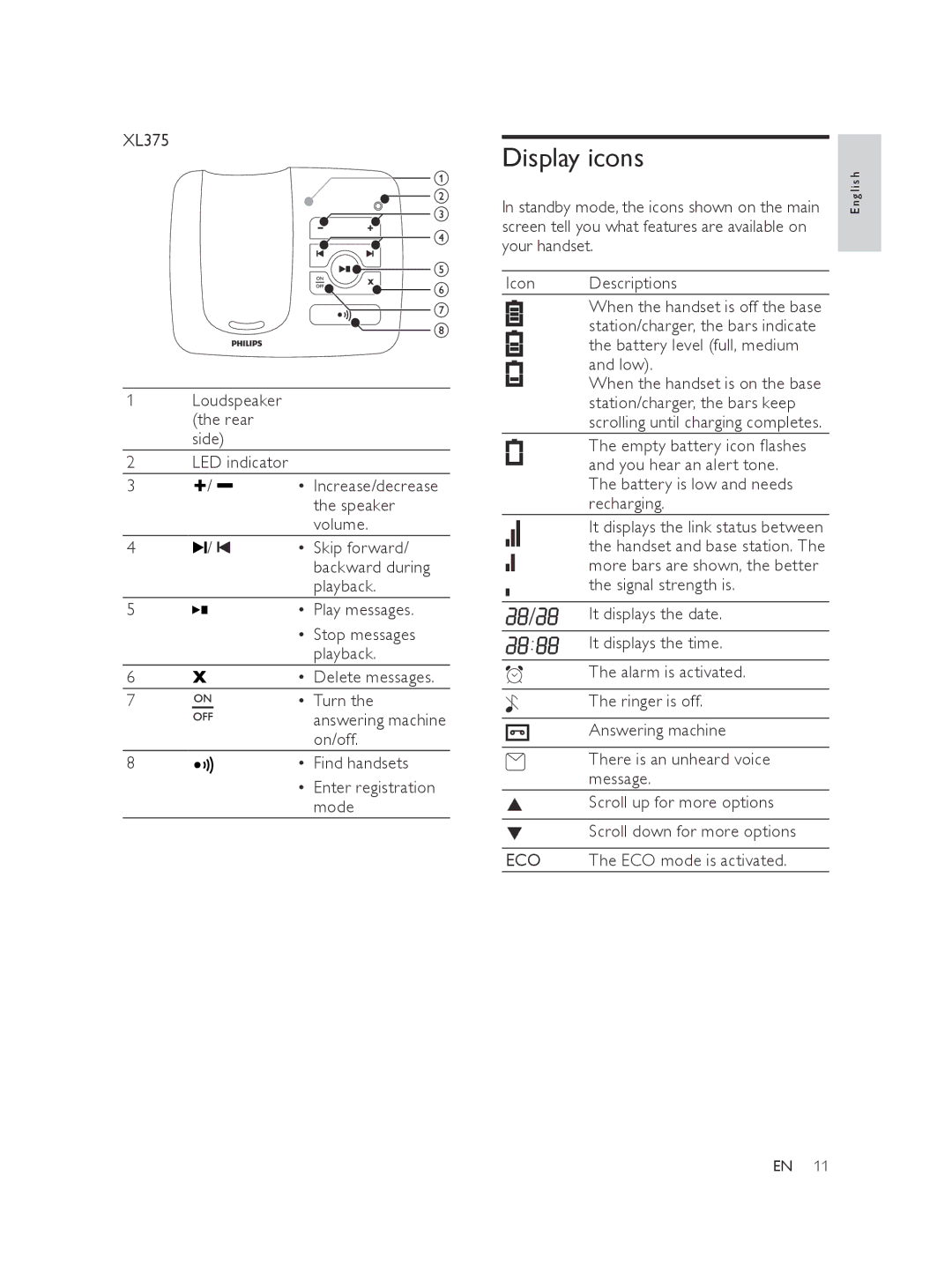 Philips XL370, XL375 user manual Display icons 