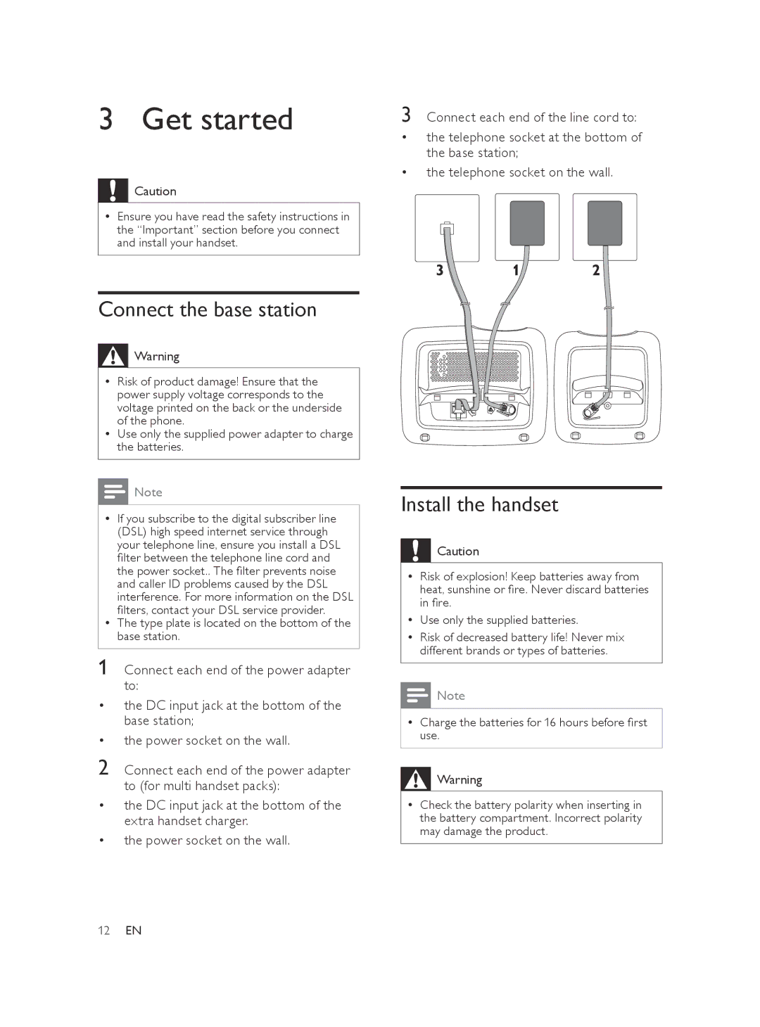 Philips XL375, XL370 user manual Get started, Connect the base station, Install the handset 