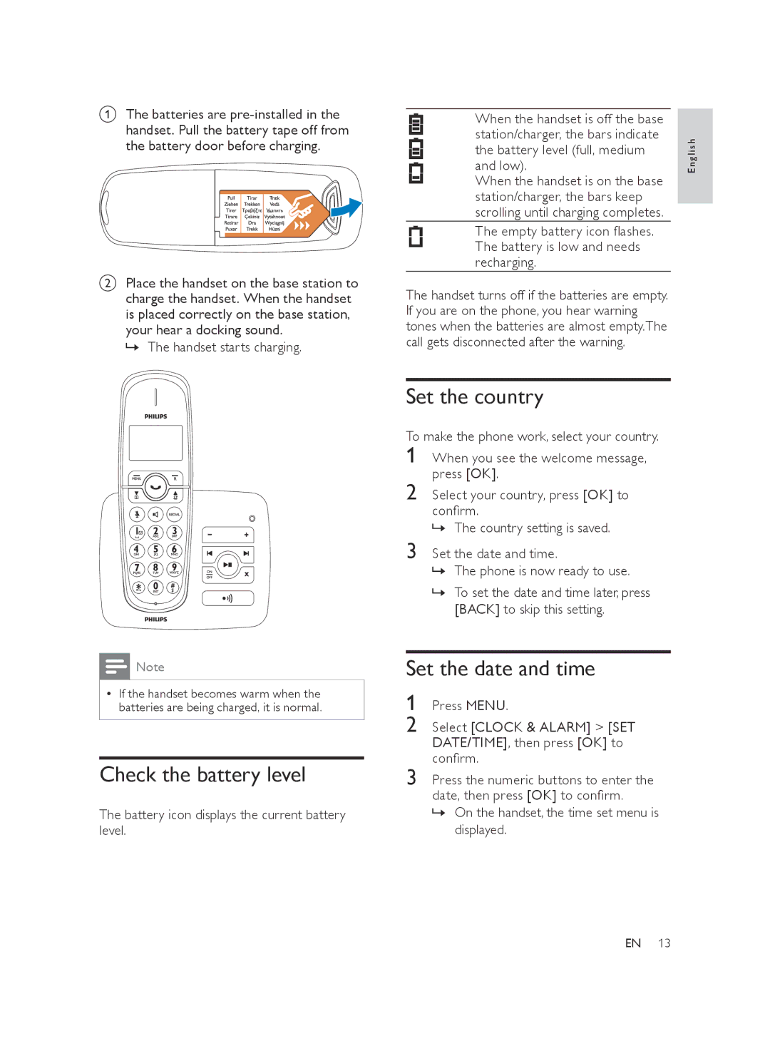 Philips XL370 Check the battery level, »» The handset starts charging, Battery icon displays the current battery level 