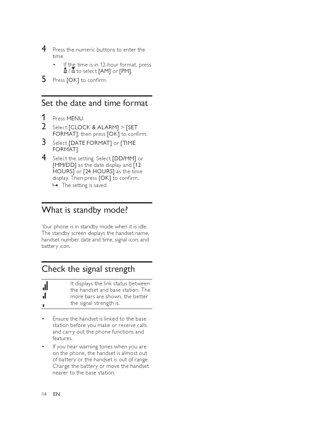 Philips XL375, XL370 user manual Set the date and time format, What is standby mode?, Check the signal strength 