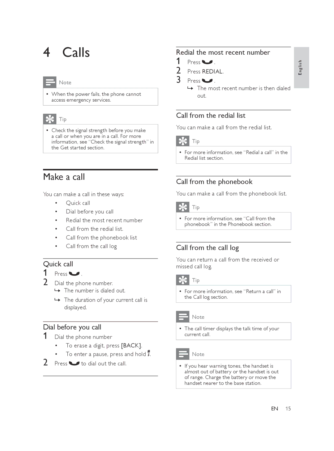 Philips XL370, XL375 user manual Calls, Make a call 