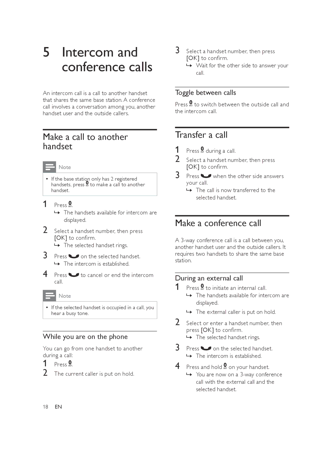 Philips XL375, XL370 user manual Make a call to another handset, Transfer a call, Make a conference call 